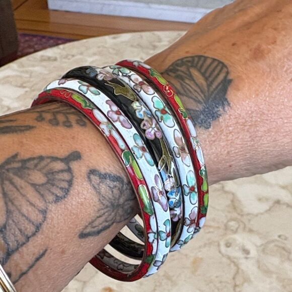 Vintage Cloisonné Floral Bangle Bracelets Set of 5 - Picture 1 of 14